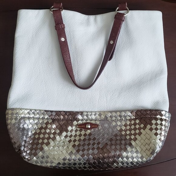 ELLIOTT LUCCA BIG WHITE PEBBLED LEATHER  BAG WITH GOLD TONES DECORATION. - Picture 9 of 12
